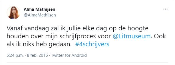 Tweet Alma Mathijsen over onderzoek naar schrijfproces. 